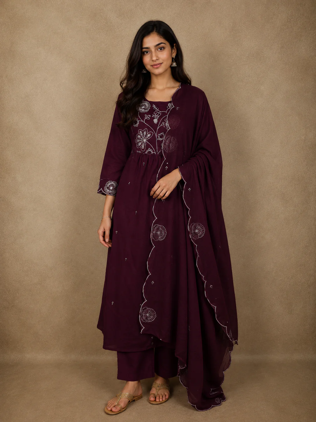 Deep Wine Maroon Floral Thread Embroidered Design Cotton Anarkali Salwar Suit with Dupatta